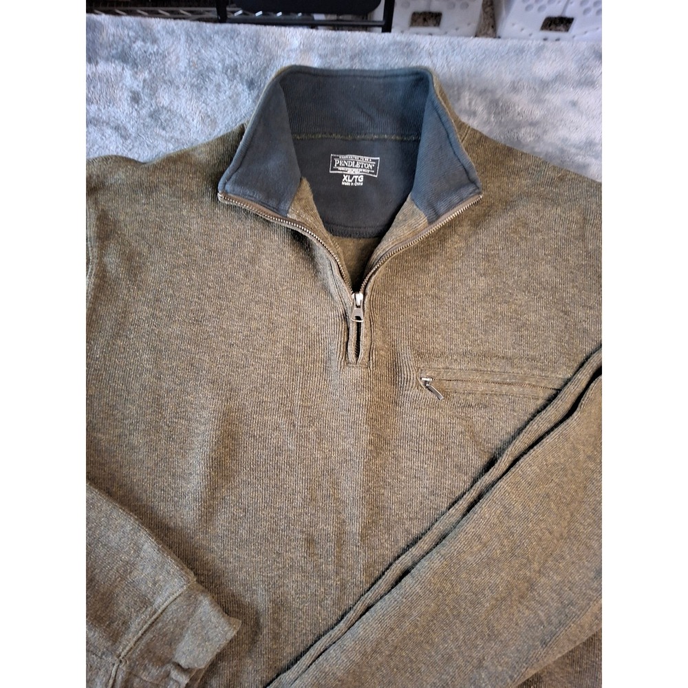 Pendleton Mens XL Olive‎ Green Heather Quarter Zip Pullover Sweater Chest Pocket - Picture 4 of 9